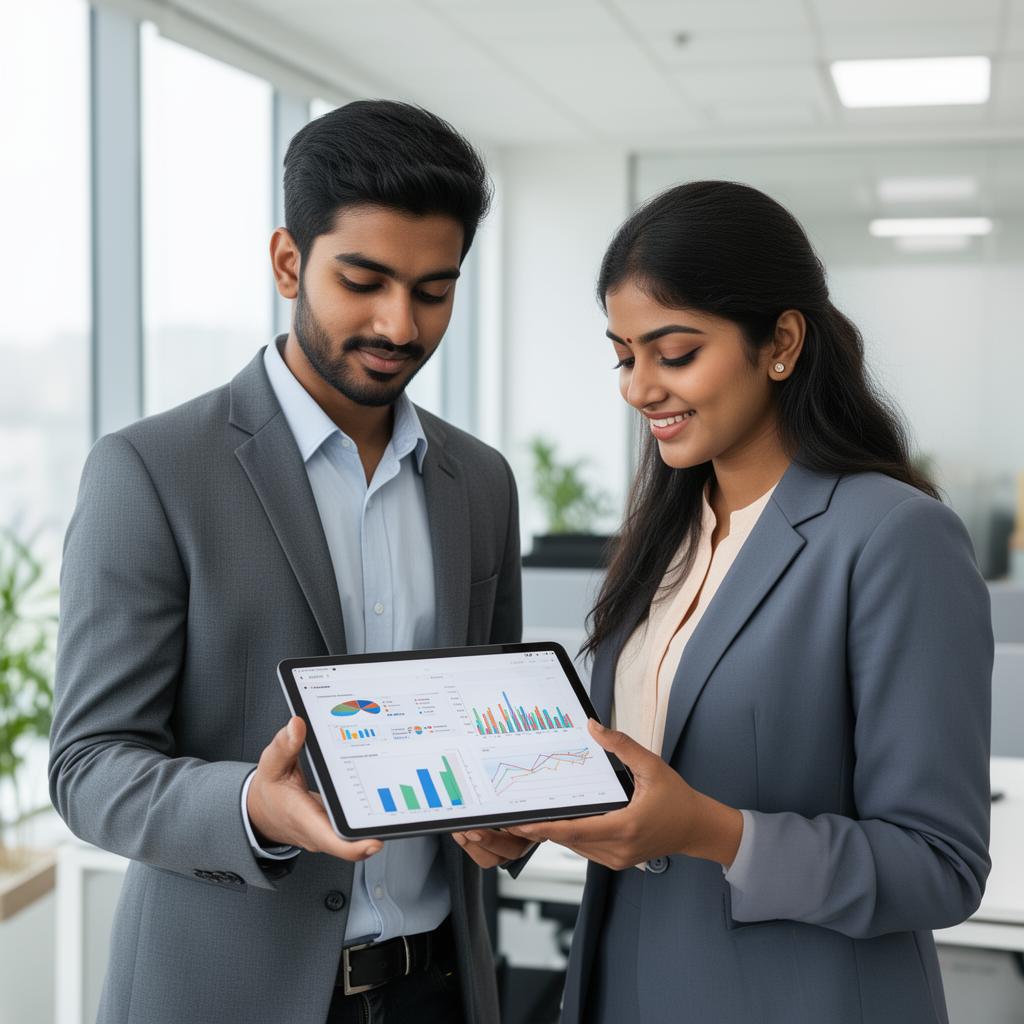 Young Indian professionals reviewing investment options