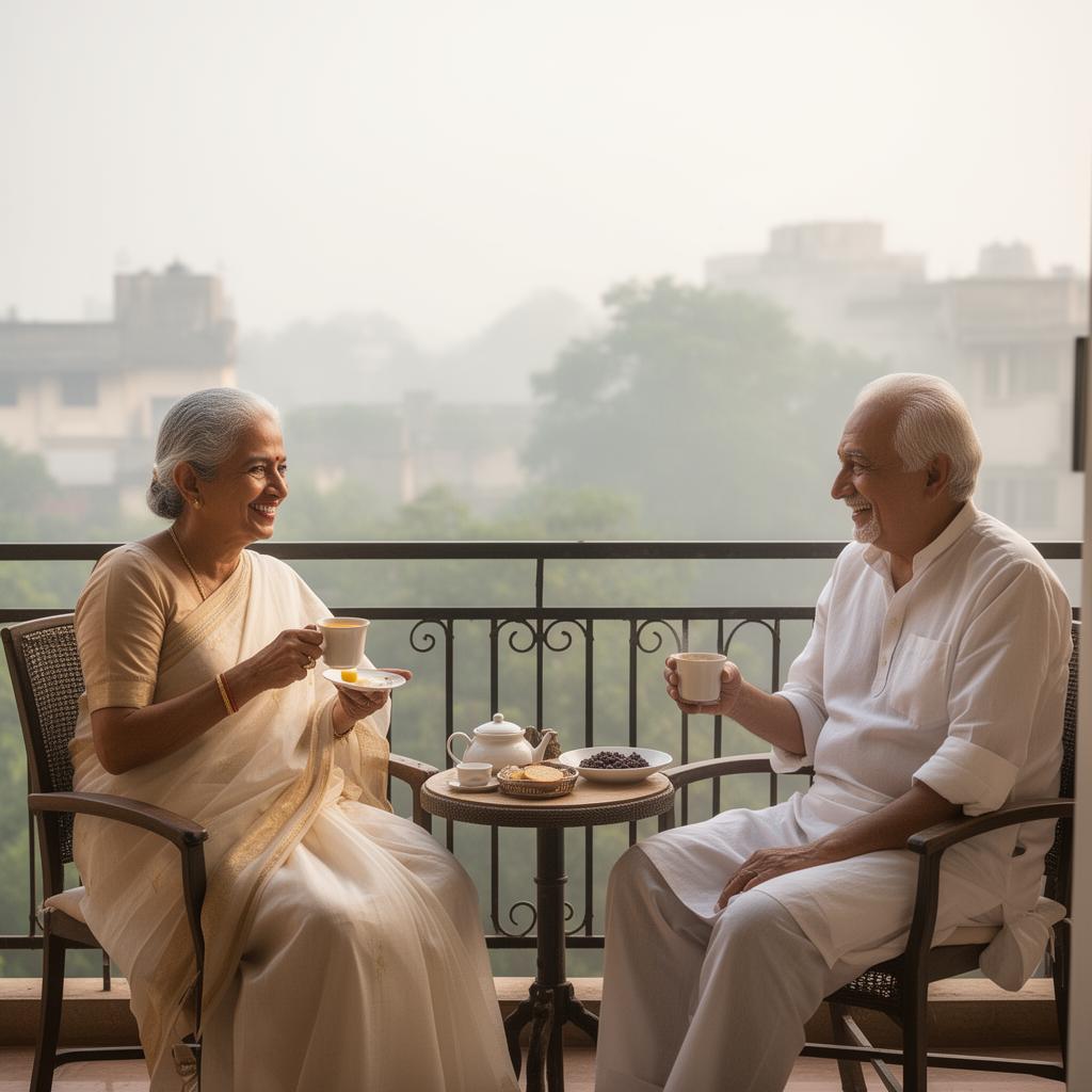 Indian retired couple enjoying a peaceful morning